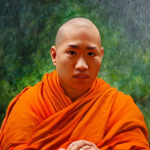 Image similar to an oil painting of consciousness becoming aware of itself as the formless ground of existence transcending the mundane appearance of a monk in flowing orange robes ultra high detail trending on artstation monet