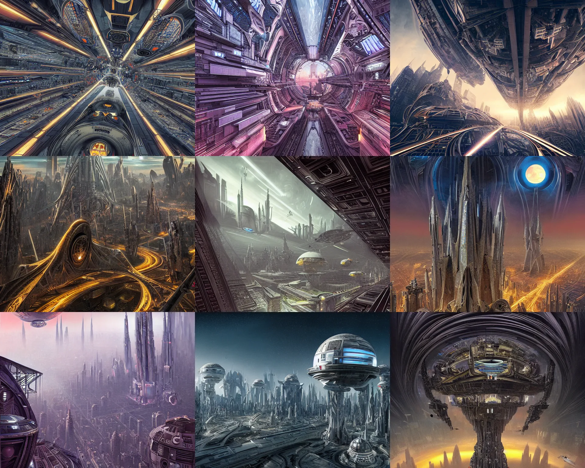 Prompt: alien supercity, dense hypermaximalist metropolis, intricate, gothic-futurist architecture, Star Wars architecture, bizarre and imposing unusual megastructures, vanishing point perspective, domes, drone speedways, twilight, style of Adolf Schaller