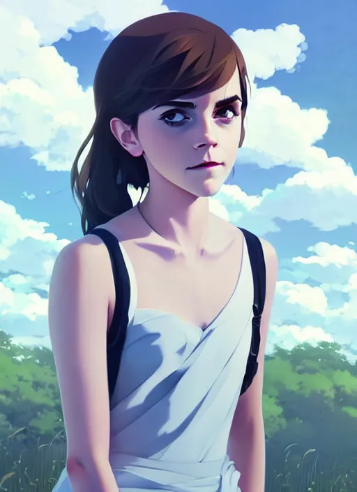 Image similar to portrait of a emma watson by ilya kuvshinov, cloudy sky background lush landscape illustration concept art anime key visual trending pixiv fanbox by wlop and greg rutkowski and makoto shinkai and studio ghibli