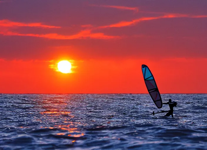 Prompt: windsurfer in the sunset in the 8 0's