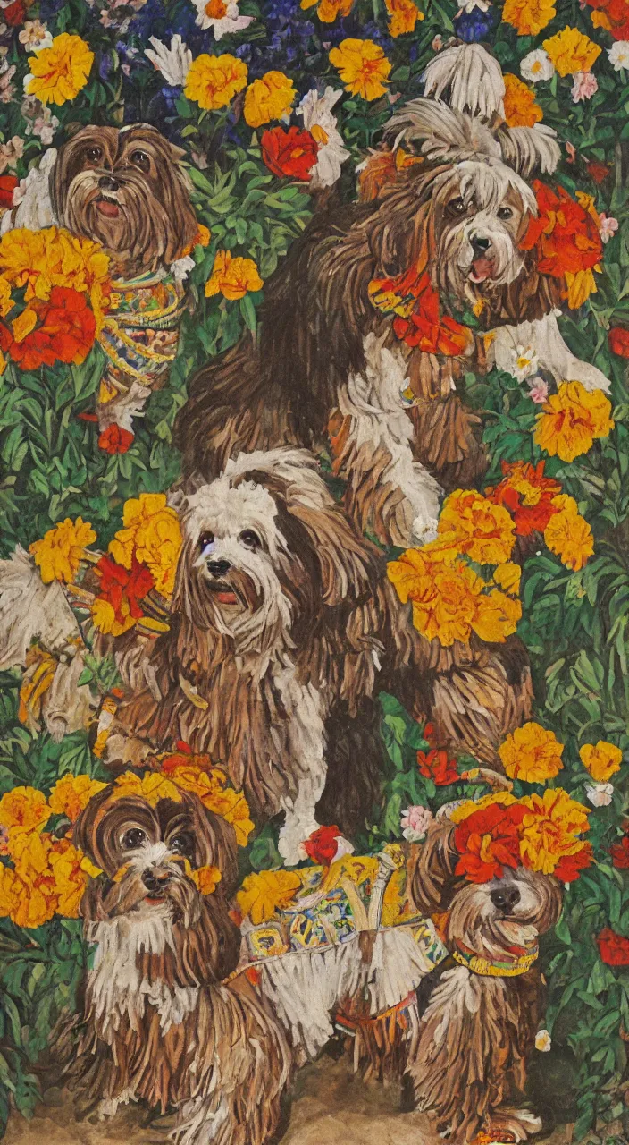 Image similar to portrait of a cream colored havanese dog dressed as an aztec warrior, aztec temple, jungle, with a bouquet of marigolds, mexico, mural by diego rivera realism aztec modernism 1 9 3 5