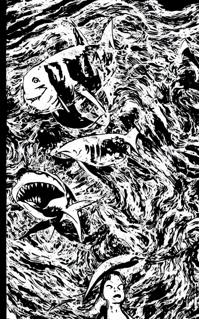 Image similar to Sharknado in the style of junji ito, horror, manga, shark, complex