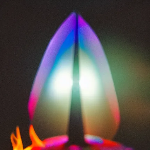 Image similar to DSLR still of a prism taking in white light on one side and splitting it into fire water wind and earth, 8k, f1.8, shallow depth of field, heavy bokeh