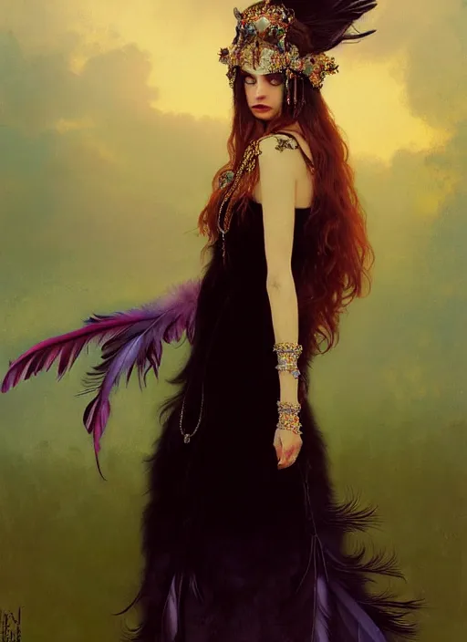 Image similar to ombre velvet gown, black, feathers, lovely bohemian princess, portrait, long hair, tiara, dozens of jeweled necklaces, feral languid woman, by greg rutkowski, brom, anato finnstark, alphonse mucha