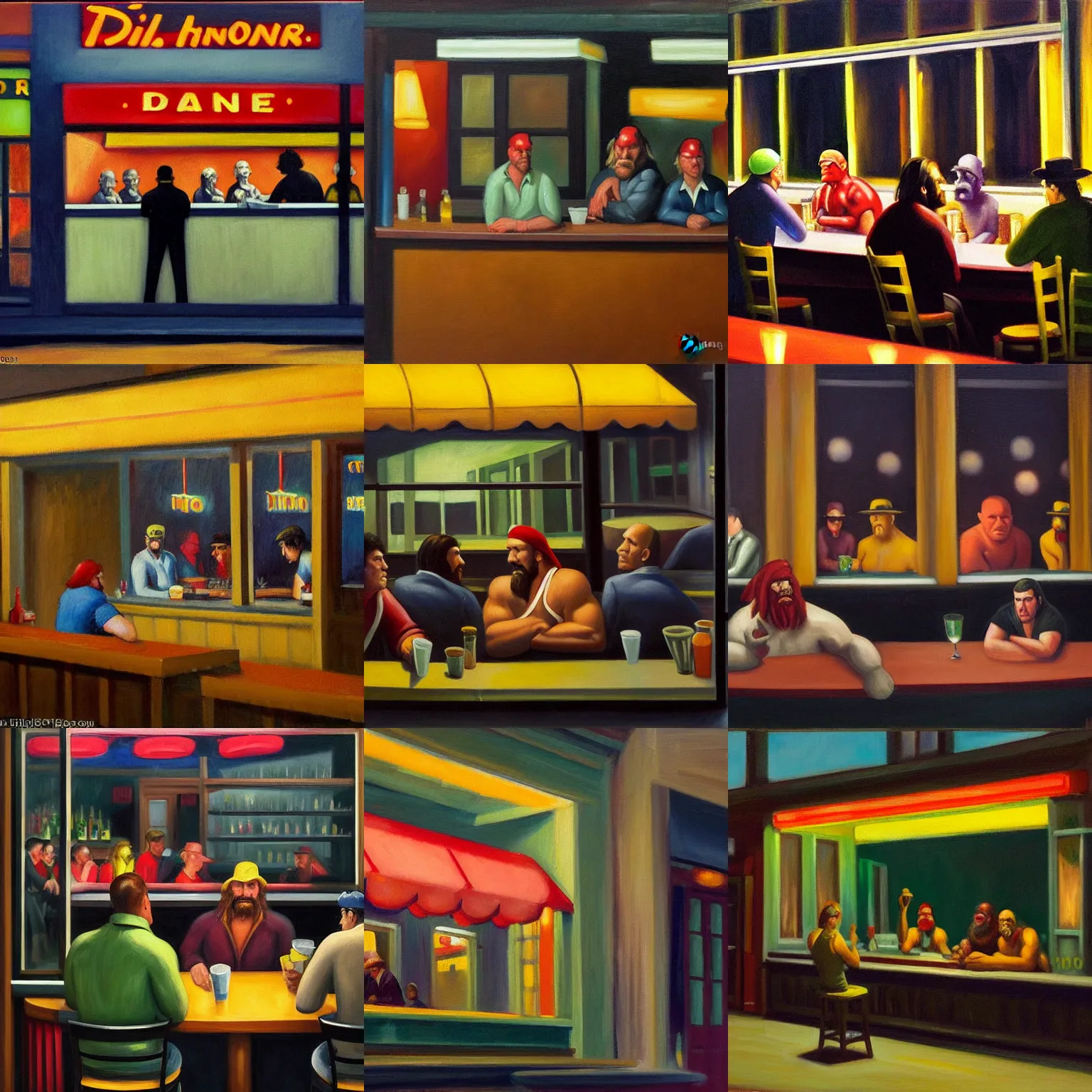 Prompt: An oil painting of a diner with glass windows, Hulk hogan, Andre the Giant, and Randy Savage sitting at the bar, it is dark outside as the light from the diner illuminates the outside sidewalk, perspective taken from across the street looking in, dark and rustic look, painting by Edward Hopper