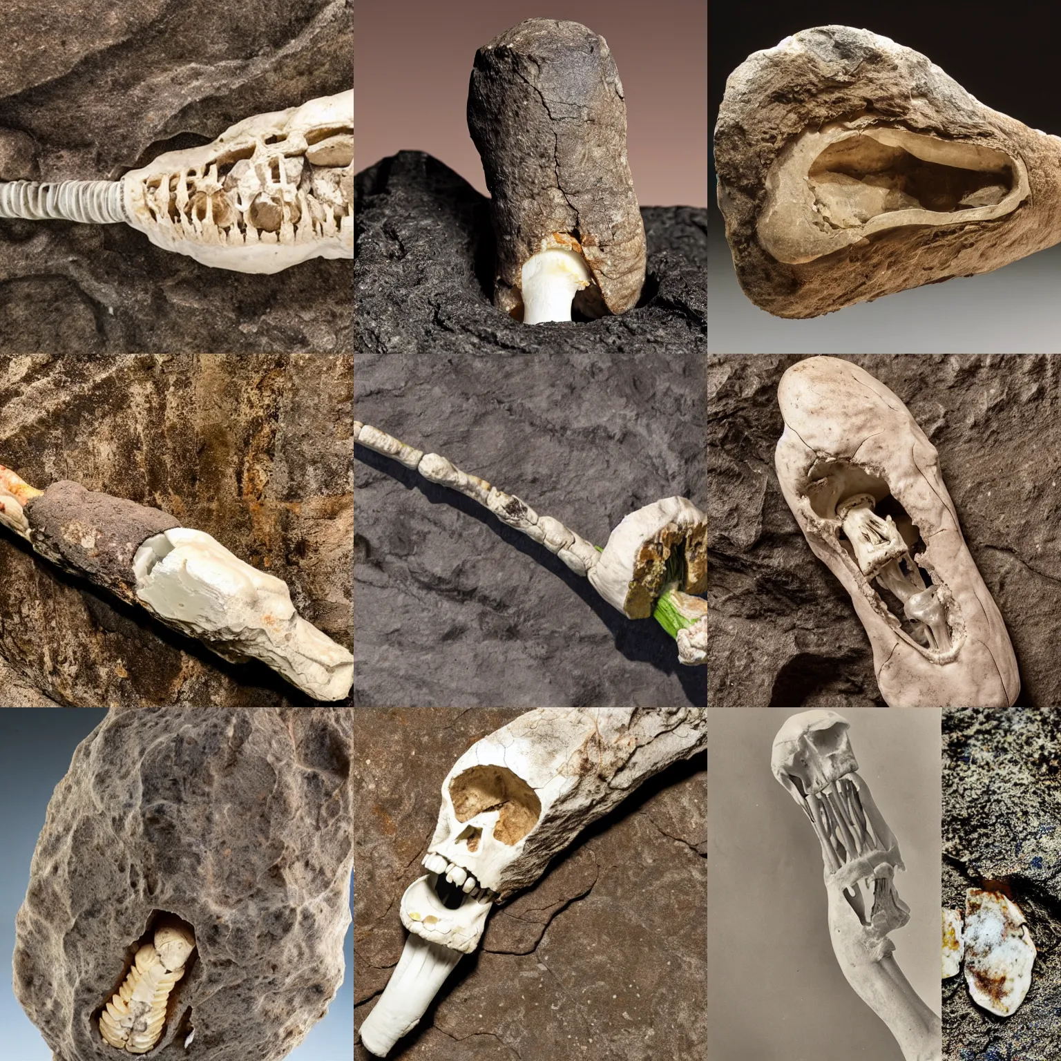 Prompt: a full single femur growing out of a rock, slice, museum