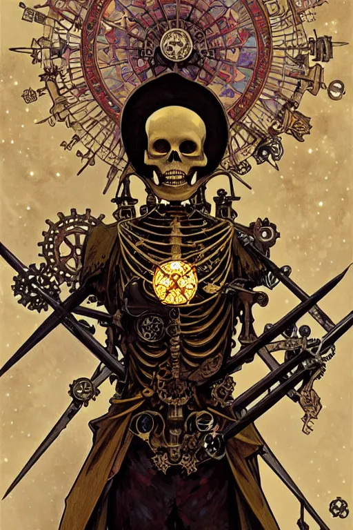 Prompt: a steampunk skeleton holding a star, tarot art, painting by greg rutkowski, alphonse mucha