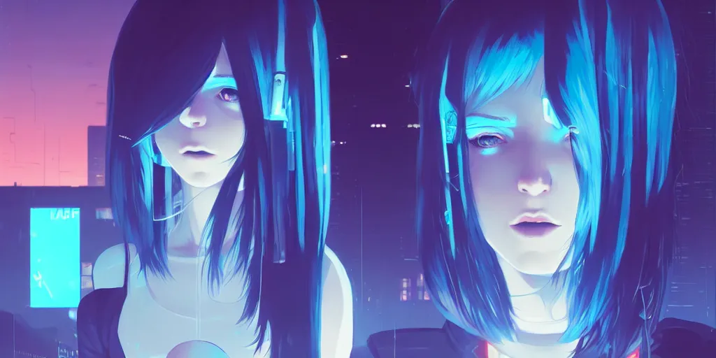 Image similar to digital illustration closeup of cyberpunk pretty girl with blue hair in city street at night by makoto shinkai, ilya kuvshinov, lois van baarle, rossdraws, basquiat