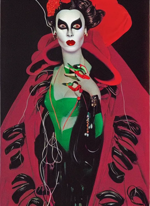 Prompt: an 8 0 s portrait of a woman with dark eye - shadow and red lips with dark slicked back hair, a mask made of wire and beads, dreaming acid - fueled hallucinations, hallucination psychedelic by serge lutens, rolf armstrong, delphin enjolras, peter elson, red cloth background, frilled puffy collar