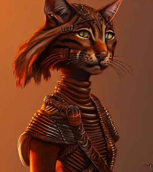 Image similar to tabaxi wearing leather by dariusz zawadzki, kenneth blom, desert, artstation, contemporary art, hyper detailed