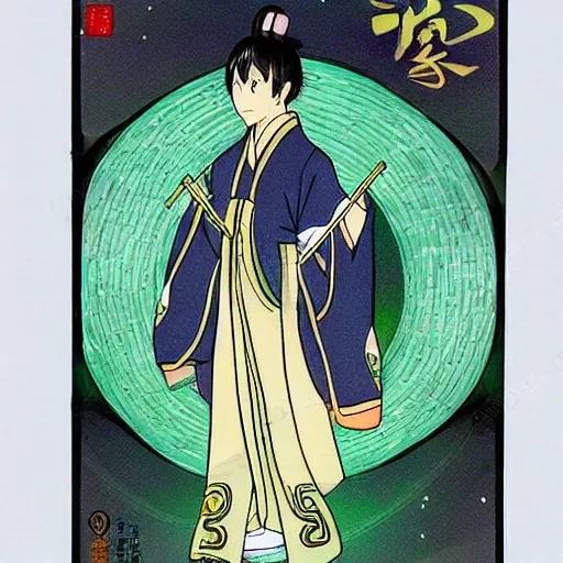 Image similar to a beautiful japanese male god sourrounded by borealis, card captor style
