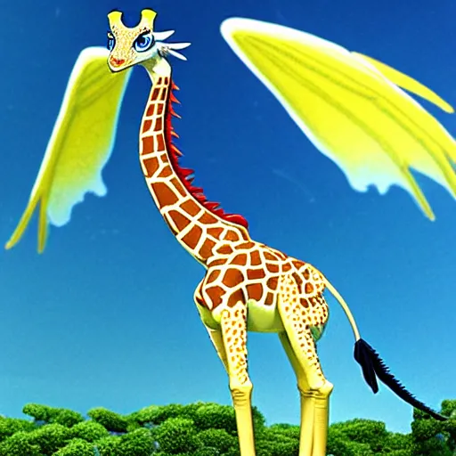 Image similar to giraffe with big blue feathered dragon wings on its back, full body shot, wings, by studio ghibli