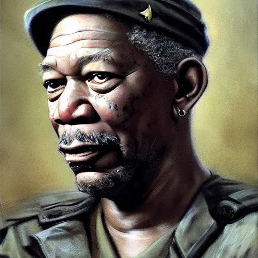 Image similar to Morgan Freeman as a soldier, closeup character art by Donato Giancola, Craig Mullins, digital art, trending on artstation