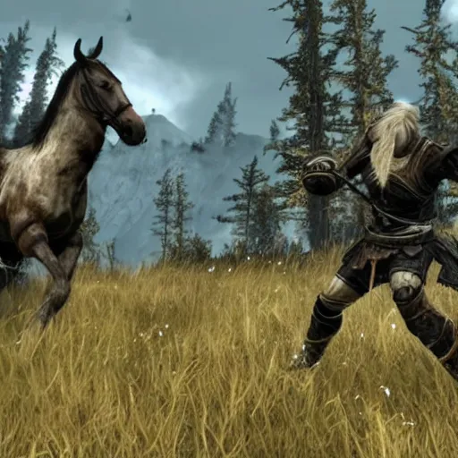 Image similar to screenshot of a player performing the horse tilt glitch in skyrim