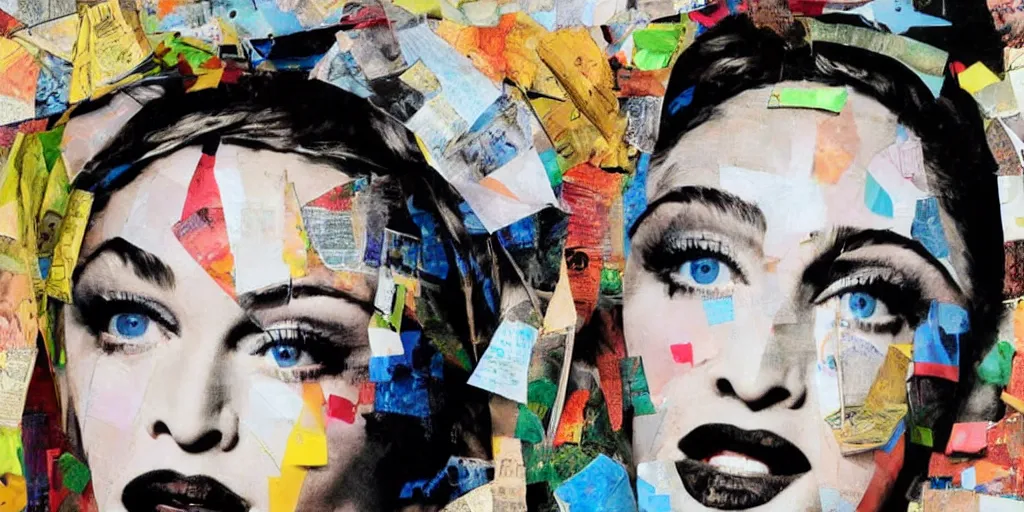 Prompt: madonna with a trash bag on his head, collage paper and tape, acrylic on canvas, hyperrealism mixed with expressionism, high resolution, smooth shading, cinematic, unreal 6 breathtaking detailed, by blake neubert