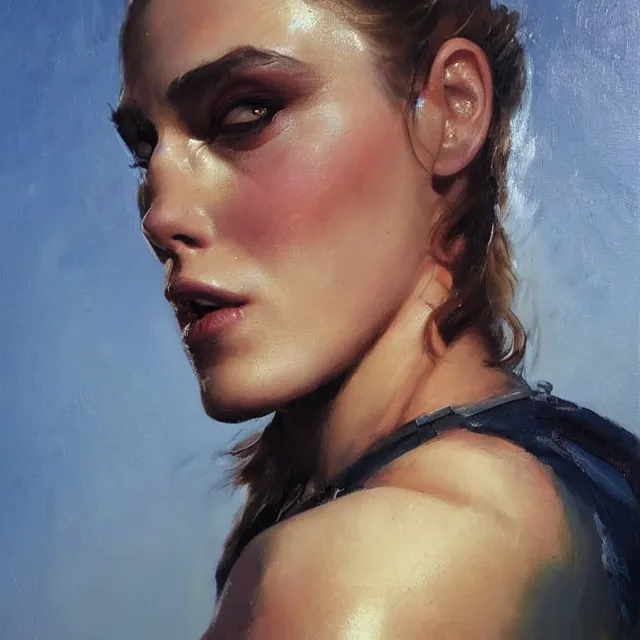 Image similar to greg manchess portrait painting of confident keira knightley as beautiful thick female bodybuilder zarya from overwatch, medium shot, asymmetrical, profile picture, organic painting, sunny day, matte painting, bold shapes, hard edges, street art, trending on artstation, by huang guangjian and gil elvgren and sachin teng