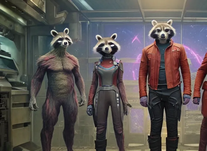 Image similar to film still of Rocket Racoon working at McDonald's in the new Guardians of the Galaxy movie, 4k