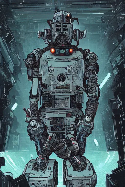 Image similar to robot ninja darth vader, cyberpunk mech is from borderlands and by feng zhu and loish and laurie greasley, victo ngai, andreas rocha, john harris, victo ngai, andreas rocha, john harris