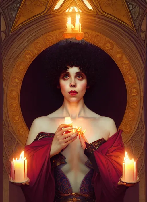 Image similar to symmetry portrait of poly styrene, fantasy, renaissance wear, glowing candles intricate, elegant, highly detailed, digital painting, artstation, concept art, smooth, sharp focus, illustration, art by artgerm and greg rutkowski and alphonse mucha