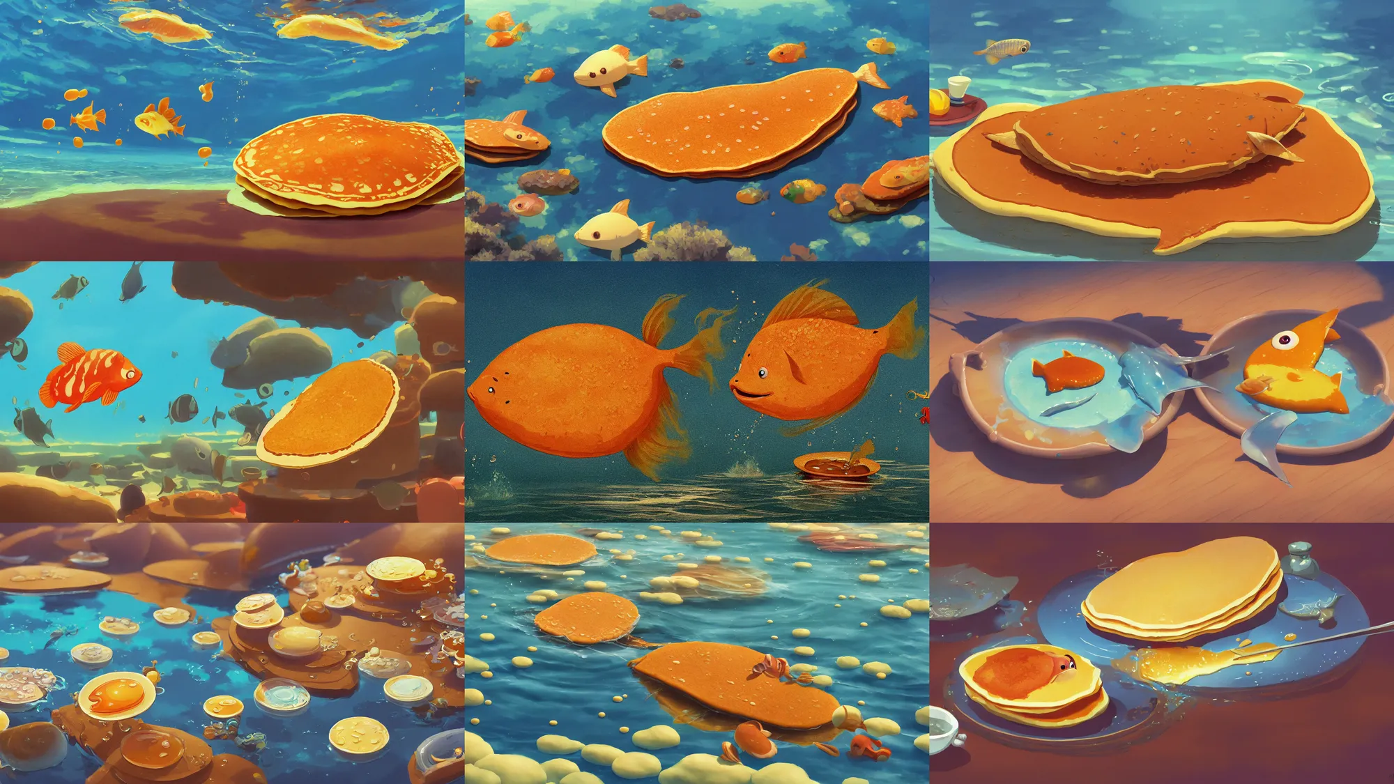 Prompt: painting of a happy flat pancake fish swimming in syrup, cute, 4 k, fish made of pancake, fantasy food world, living food adorable pancake, brown atmospheric lighting, by makoto shinkai, studio ghibli, chris moore