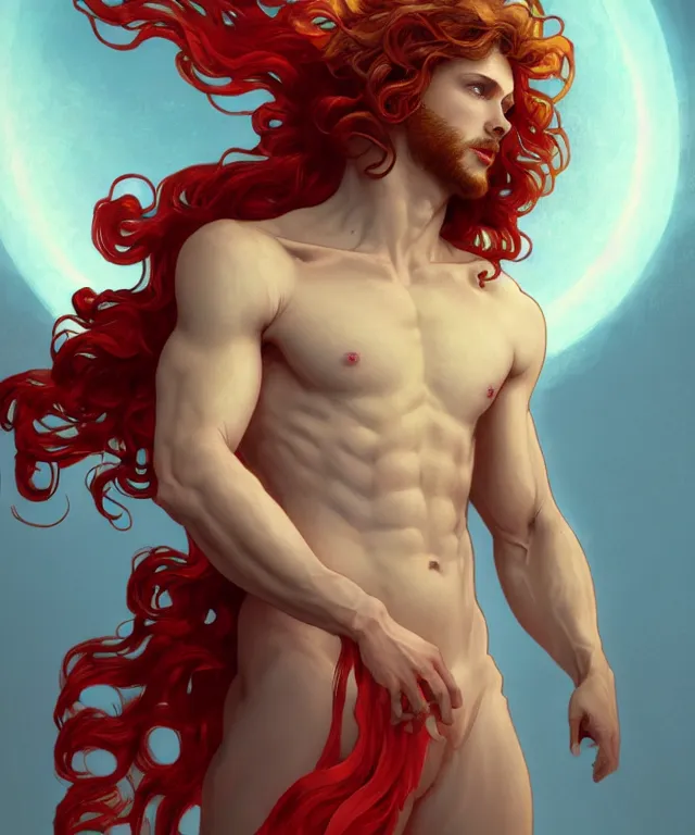 Image similar to symmetrical fullbody portrait of a beautiful young fit male angel with curly blond hairs, full dressed in long fluent red clothes, majestic big demon wings, luminous fire halo, by greg rutkowski and alphonse mucha, gradient white to gold, in front of an hellish background, highly detailed portrait, digital painting, artstation, concept art, smooth, sharp focus illustration