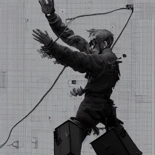 Prompt: RPG character concept art, modular synth musician patching cables, wires flying in the air, in the style of Jamie Hewlett Hiroya Oku Riyoko Ikeda, 3d render, artstation trending, 8k, octane render, photorealistic, sharp detail, manga, black and white