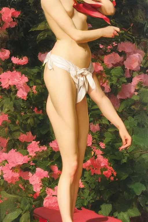 Image similar to elizabeth banksstarring straight ahead and wearing a wet, white t-shirt and a pink thong, golden hour in a floral garden, artstation, by J. C. Leyendecker and Peter Paul Rubens,