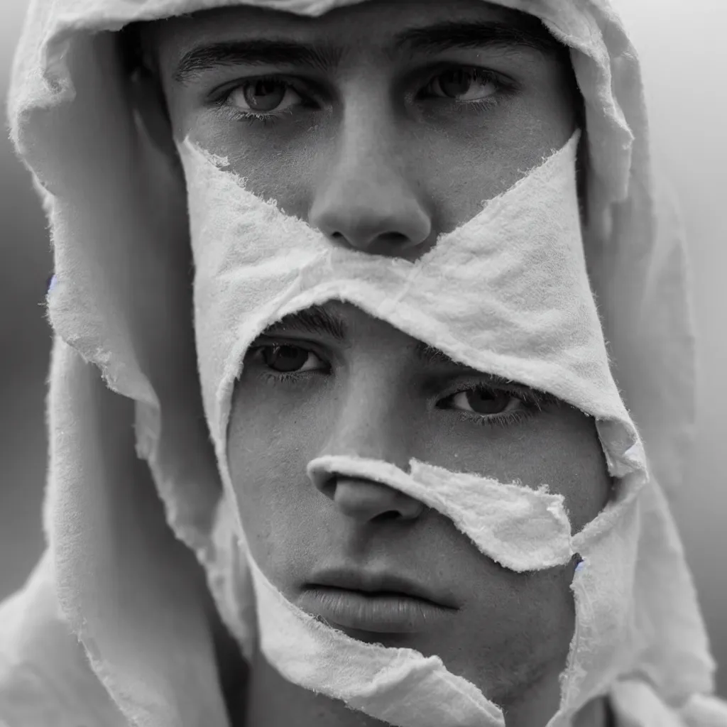 Image similar to Extreme Close-Up (ECU) vintage black and white portrait photo of a young man dressing in white robes wearing white masks in the field, cinematic lighting, cinematic composition, cinematic atmosphere, misty foggy. Vogue photography Sigma 85mm f/5-6.3 lens, portrait winning photograph.