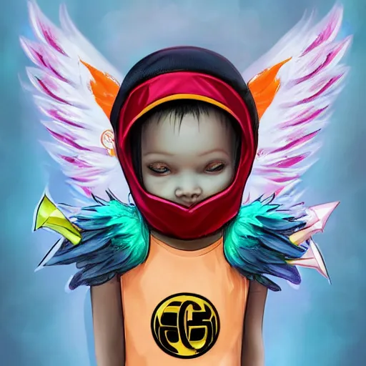 Prompt: baby Angel, baby cherub,wearing angel, face covered, Gucci, x logo, halo, ski mask, balaclava, face covered, wearing angel halo covered face, orange hoodie, hip hop, multiple golden necklaces, Nike, fantasy art apex fortnite Video game icon, 2d game art gta5 cover , official fanart behance hd artstation by Jesper Ejsing, by RHADS, Makoto Shinkai and Lois van baarle, ilya kuvshinov, rossdraws