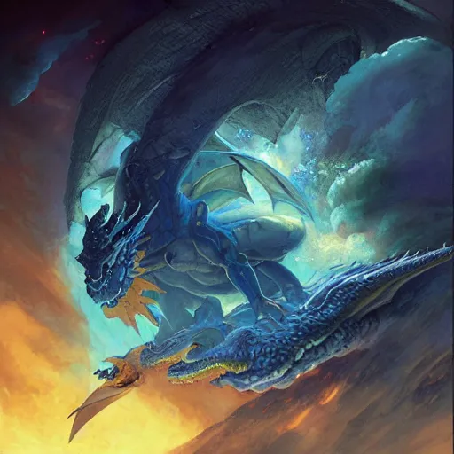 Prompt: Gigantic blue scaled dragon devouring an earth like planet while flying in space, sun system, behemoth, humanoid, nebula, oil painting, by Fernanda Suarez and Edgar Maxence and Greg Rutkowski