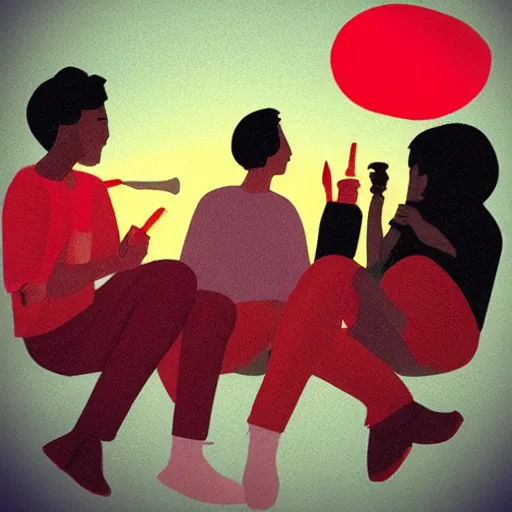 Image similar to a bill. a bong. a group of friends. enjoying themselves and laughing it up. sun set. red accents. illustration. inspired by routine.