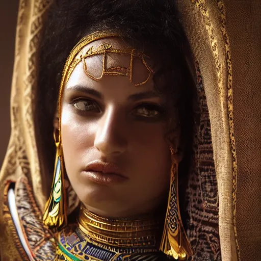 Image similar to portrait of a stunningly beautiful middle eastern tribal female, depth of field, zeiss lens, detailed, symmetrical, centered, fashion photoshoot, by Annie Leibovitz and Steve McCurry, David Lazar, Jimmy Nelsson, Breathtaking, 8k resolution, extremely detailed, beautiful, establishing shot, artistic, hyperrealistic, beautiful face, octane render