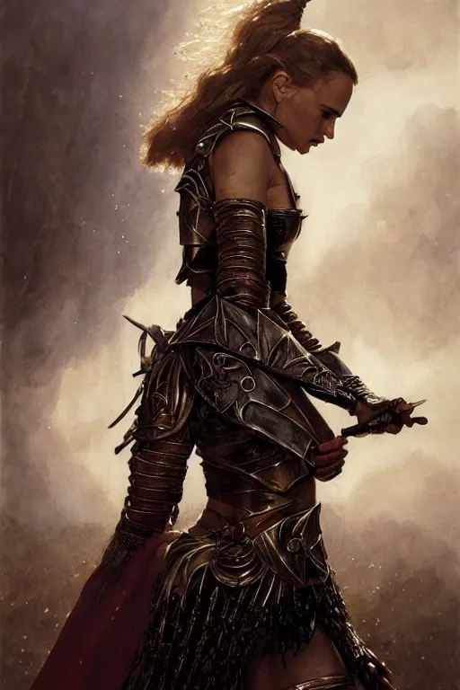 Prompt: natalie portman, warrior, partially clothed in metal battle armor, lord of the rings, tattoos, decorative ornaments, by carl spitzweg, ismail inceoglu, vdragan bibin, hans thoma, greg rutkowski, alexandros pyromallis, perfect face, fine details, realistic shading, photorealism