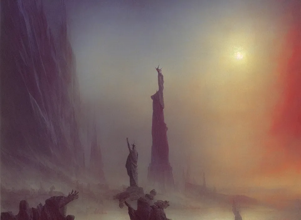 Image similar to the blind liberty of the few, red and purple palette, volume light, fog, by caspar david friedrich by ( h. r. giger ) and paul lehr