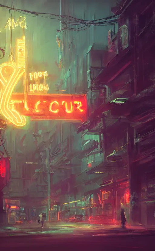 Image similar to a blurry neon sign in the distance, dynamic lighting, photorealistic fantasy concept art, trending on art station, stunning visuals, creative, cinematic, ultra detailed