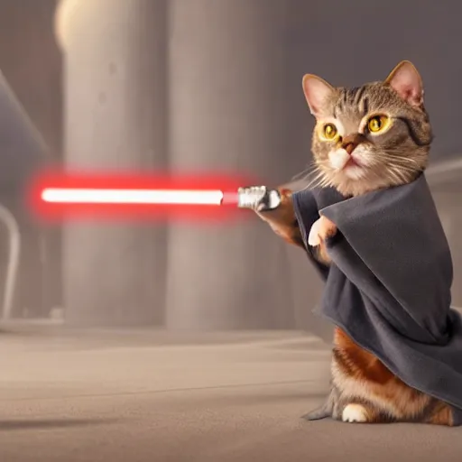 Image similar to a master jedi cat in star wars, wearing a jedi cloak hood, hyper realistic stills from the movie, volumetric lighting, 8 k resolution