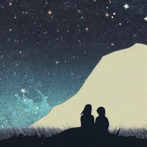 Image similar to a beautiful landscape showing mountains, stars and galaxies in the background. The silhouet of a young couple sits in the foreground, drawn, sketch, anime style