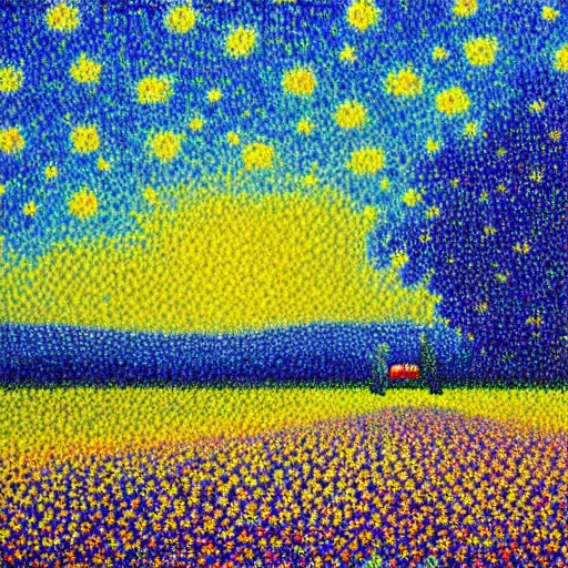 Image similar to rocket landing in a field of flowers at sunset, pointillism and impressionism painting