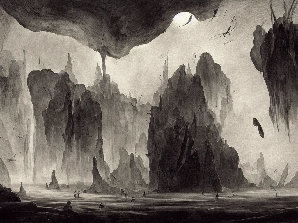 Image similar to Strange with giant hypnotizing moth wings at the entrance of a cavern on an alien planet. Thick gothic cathedral smoke. Surreal, melancholic. Painting by Caravaggio, Caspar David Friedrich, Yves Tanguy