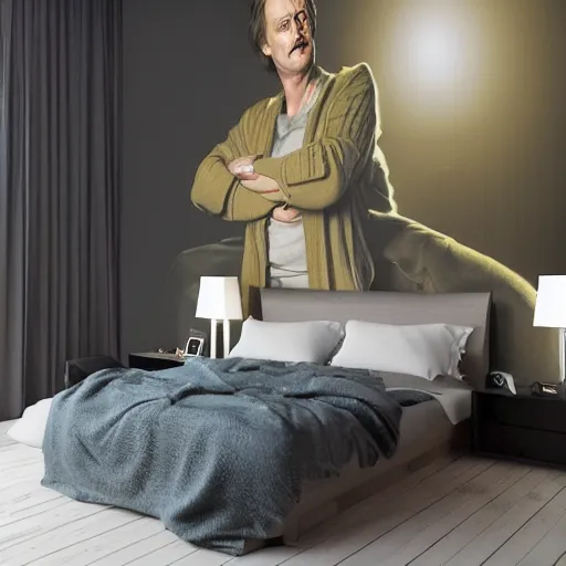 Image similar to a cozy bedroom interior with wall murals of steve buscemi, detailed, high resolution, wow!, intricate, volumetric lighting, raytracing