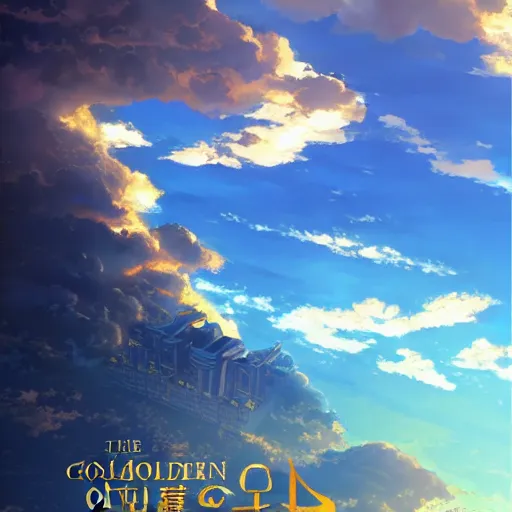 Prompt: the golden city of the gods in the clouds by killian eng and makoto shinkai and studio ghibli