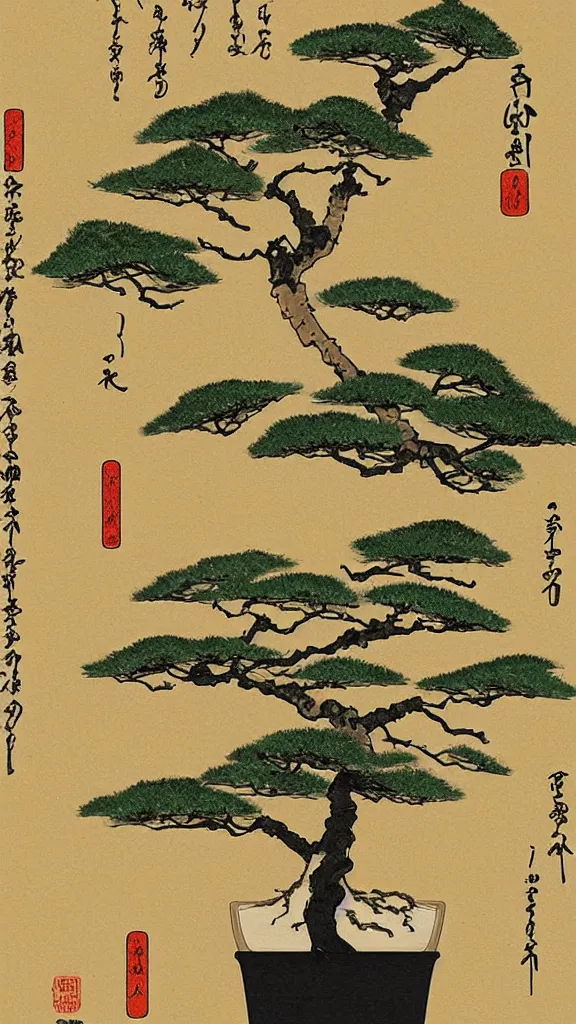 Image similar to an empty light bulb with a bonsai tree inside of it. Shin-hanga, ukiyo-e banner