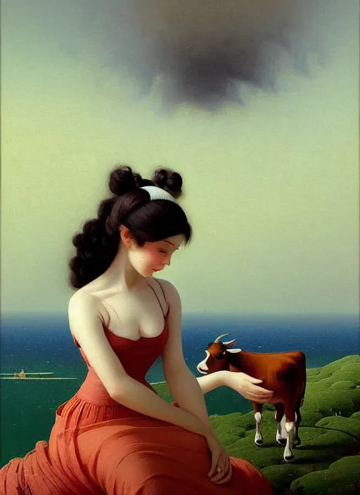 Image similar to hyper detailed 3 d render like a oil painting - cute portrait of a brunette called emma, italian looks, looking at camera, symmetrical face, long brunette hair, with a smiling cow looking over her shoulder by ryden, kawase hasui, dorothea tanning, edward hopper and james gilleard, aivazovsky, beksinski, outram, artstation