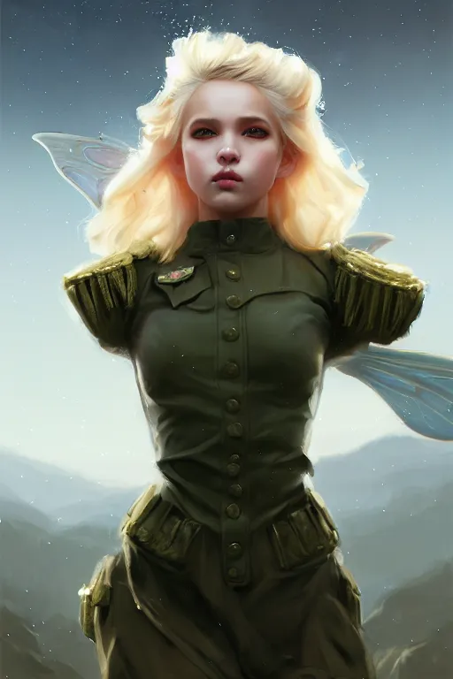 Image similar to cinematic shot of an epic portrait of a cute blonde fairy dressed in military clothes, stylised military clothes, shiny skin, beautiful eyes, beautiful, small details, night setting, realistic poster with volumetric light from craig mallism, artgerm, jeremy lipkin and michael garmash, unreal engine, radiant light, digital art, trends at art station, a masterpiece