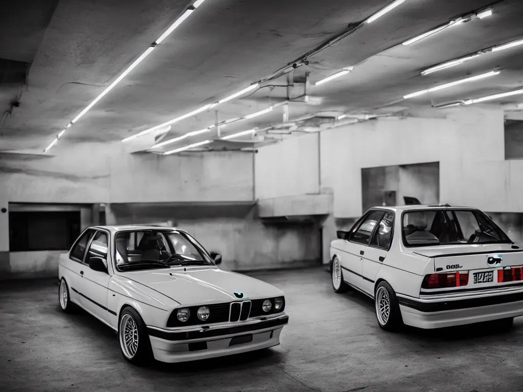 Image similar to a modified bmw e 3 0 with lights on in a futuristic neon parking garage, 3 5 mm photography, car photography, clean lines, realistic