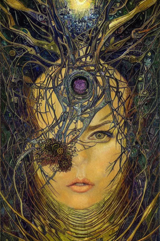 Image similar to Heart of Thorns by Karol Bak, Jean Deville, Gustav Klimt, and Vincent Van Gogh, otherworldly, fractal structures, arcane, prophecy, ornate gilded medieval icon, third eye, spirals