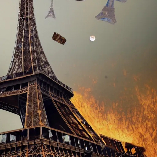 Prompt: the eifel tower gets hit by an asteroid, multiple asteroids are in the air, paris in the background is burning, apocalyptic, highly detailed, 4 k, digital paintin, sharp focus, tending on artstation