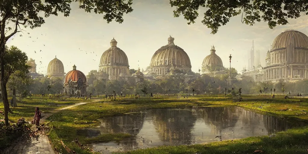 Prompt: a solarpunk city and park with a glorious domed building at its centre, Greg Rutkowski and Ivan Shishkin