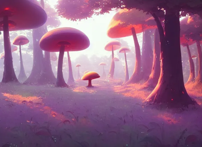 Image similar to giant mushroom forest, detailed, cory loftis, james gilleard, atey ghailan, makoto shinkai, goro fujita, studio ghibli, rim light, exquisite lighting, clear focus, very coherent, plain background, soft painting