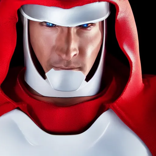 Image similar to headshot of a tall athletic muscular infantry man in glossy sleek white armor with tiny red details and a long red cape, heroic posture, strong jawline, on the surface of mars, night time, dramatic lighting, cinematic, sci-fi, hyperrealistic